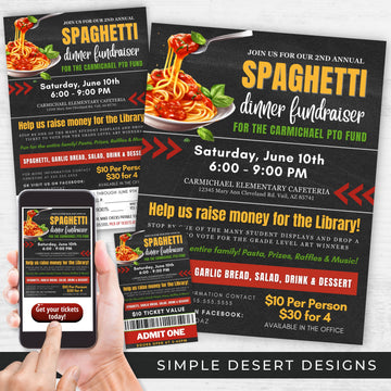 dark chalkboard theme spaghetti dinner fundraiser flyers and ticket template bundle